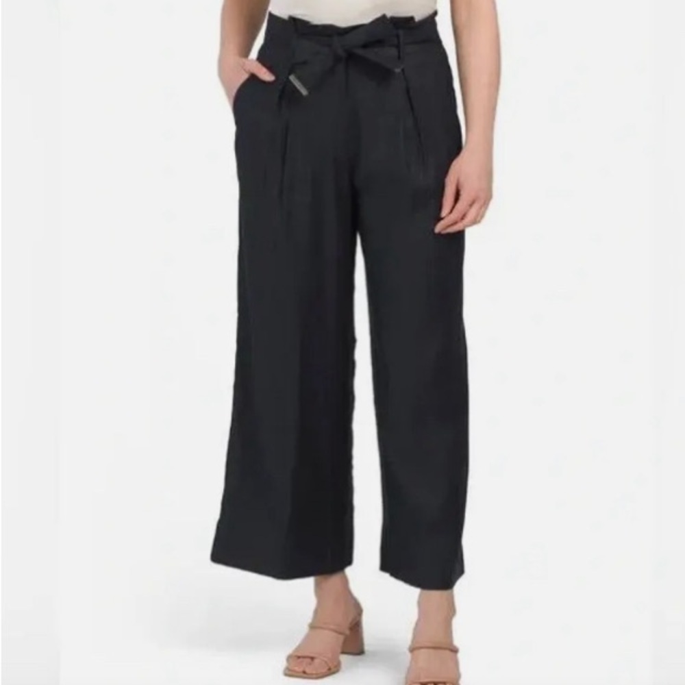 Elie Tahari women’s Sz 6 Belted Linen Cropped Trouser Pants Navy Blue summer - Picture 2 of 9